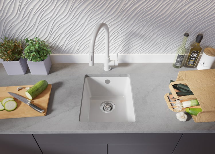 PRIMAGRAN Unterbauspüle Granit Alles Weiß 36x44cm, Spülbecken 1 Becken + Ablauf-Set, Granitspüle ab 40er Unterschrank - Venedig Easy