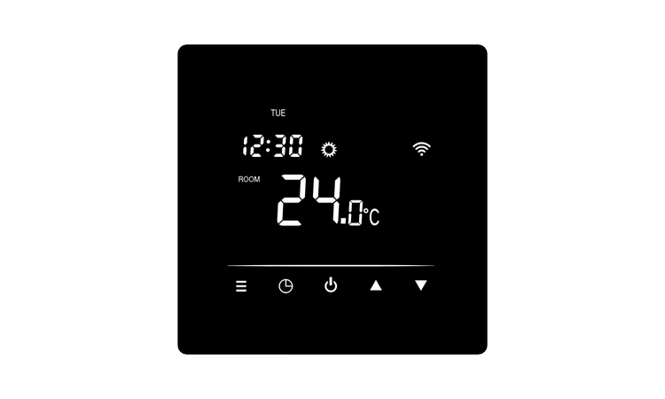 Digitaler WLAN Raumthermostat mit Touchdisplay zur präzisen Temperatursteuerung.