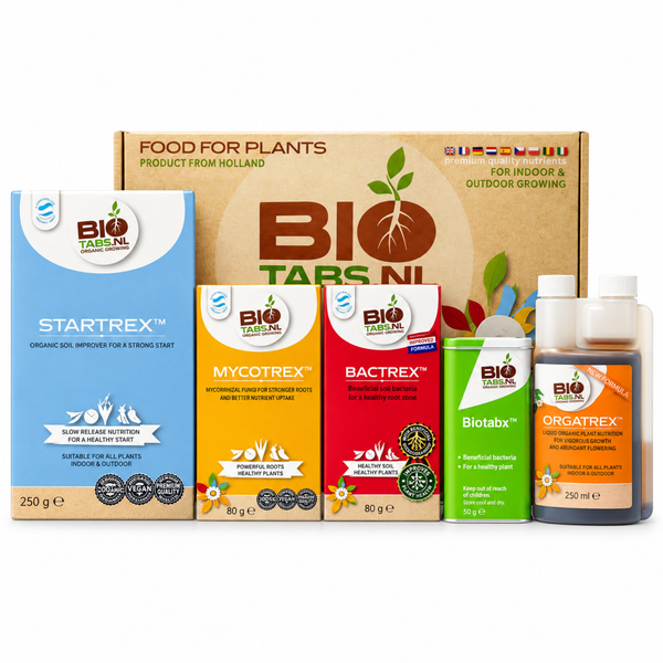 BioTabs Starterset fuer den biologischen Anbau von Zimmer- und Gartenpflanzen bestehend aus Duenger und Bodenhilfsstoffen in verschiedenen Packungen.