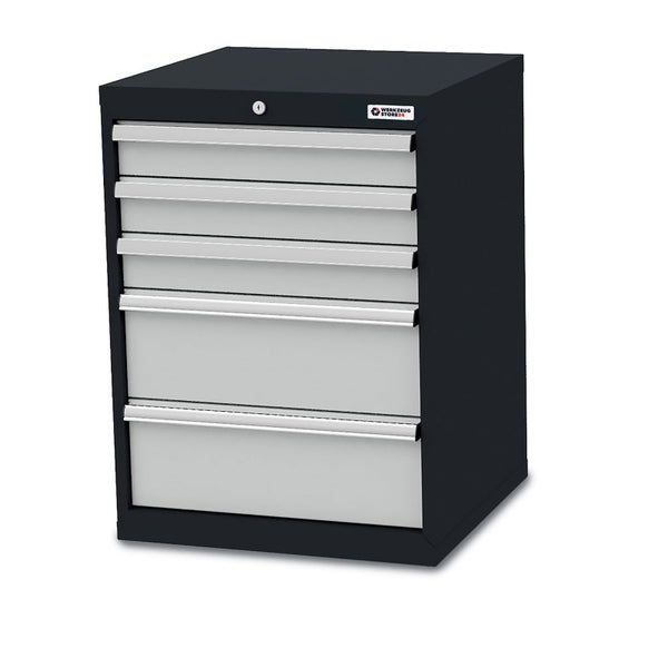 Werkzeugschrank aus Metall mit fünf Schubladen, Zentralschloss und Werkzeug Store24 Logo. Anthrazit und Lichtgrau.