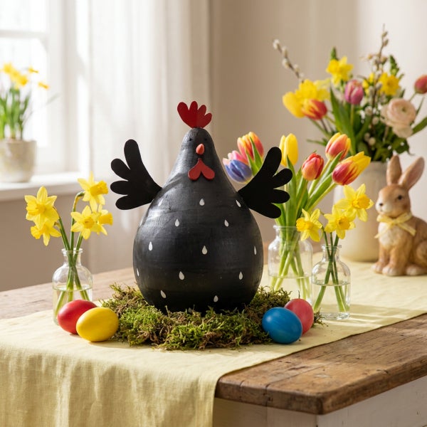 Osterdekoration mit einer Huhn Figur aus Holz, umgeben von echten Blumen, bunten Ostereiern und einem Osterhasen auf einem Holztisch.