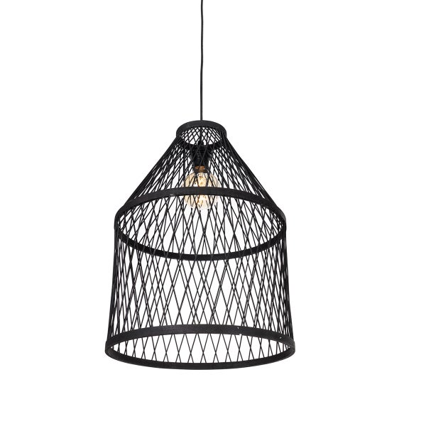 Schwarze Pendelleuchte aus Metallgeflecht in Glockenform mit sichtbarem Leuchtmittel.