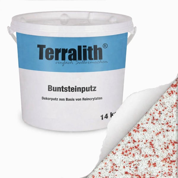 Terralith Buntsteinputz, Dekorputz auf Basis von Reinacrylaten, 14 Kilogramm Eimer mit Terralith Logo und Beispielstruktur.