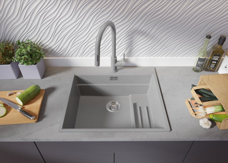 PRIMAGRAN Spülbecken Grau 58x53cm, Granitspüle 1 Becken + Ablauf-Set + Küchenzubehörset, Küchenspüle ab 60er Unterschrank - Oslo Max