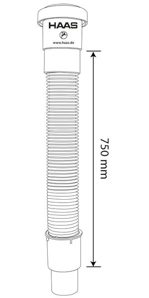 Strichzeichnung eines flexiblen Ablaufschlauchs von Haas mit einer Länge von 750 Millimetern, Haas Logo enthalten.