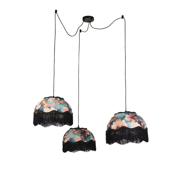 Dreiflammige Pendelleuchte mit floral gemusterten Textilschirmen und dekorativen Fransen im Vintage Stil