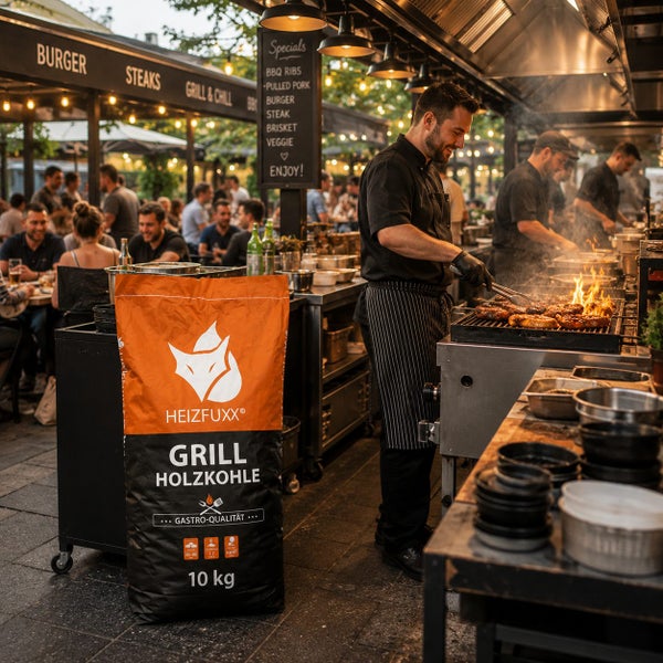 Profi-Außenküche aus Edelstahl mit Koch am brennenden Grill. Im Vordergrund ein 10 Kilogramm Sack Heizfuxx Grill Holzkohle in Gastro-Qualität.