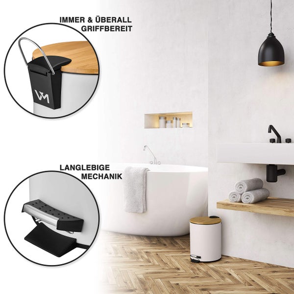 VMbathrooms 5L Kosmetikeimer in edlem weißem Design | Tretmülleimer mit Absenkautomatik (Soft Close) | Eleganter Eimer fürs Bad mit Innenbehälter und Bambus-Holzdeckel