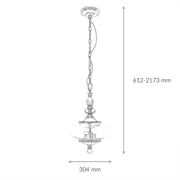 Zeichnung einer Pendelleuchte mit den Maßangaben 612 bis 2173 Millimeter Höhe und 304 Millimeter Breite