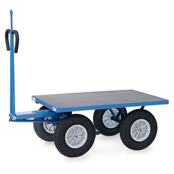 Handwagen mit vier Luftreifen, blauem Stahlrahmen, rutschhemmender Ladefläche und Deichsel mit Sicherheitsgriff.