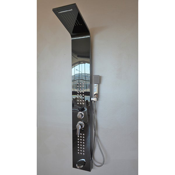 Duschpaneel aus Edelstahl mit Regenduschkopf, integrierten Massagedüsen, Handbrause und Einhebelmischer.