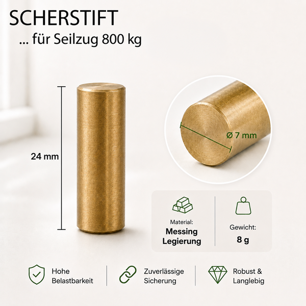 Scherstift für Seilzug 800 kg aus Messing mit 24 mm Höhe und 7 mm Durchmesser.