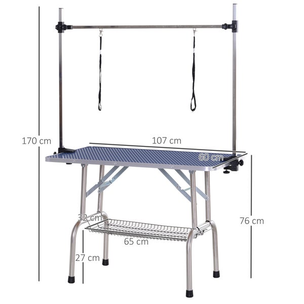 PawHut Trimmtisch Tierpflegetisch Schertisch Pflegetisch mit Unterkorb für Hunde höhenverstellbar klappbar Edelstahl Metall Blau 107 x 60 x 170 cm