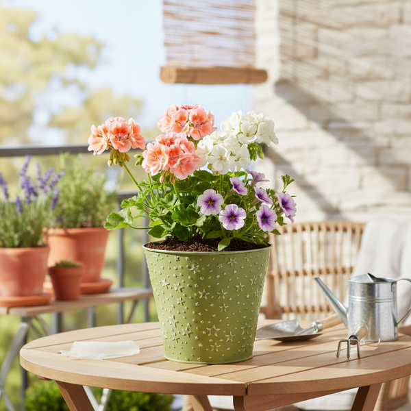 Grüner Metall-Blumentopf mit Sternenmuster, bepflanzt mit Geranien und Petunien auf einem Holztisch auf einem hellen Balkon.