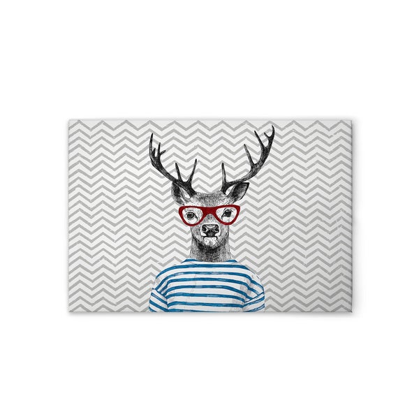 Wandbild mit Hirsch, Brille und gestreiftem Hemd vor Zickzackmuster