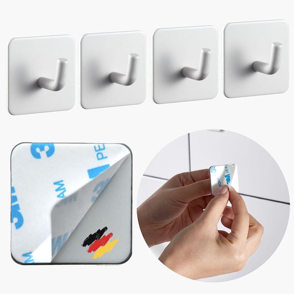 Vierer-Set selbstklebende Wandhaken in Weiß mit Klebestreifen mit 3M Logo zur Montage ohne Bohren auf Fliesen, hergestellt in Deutschland.