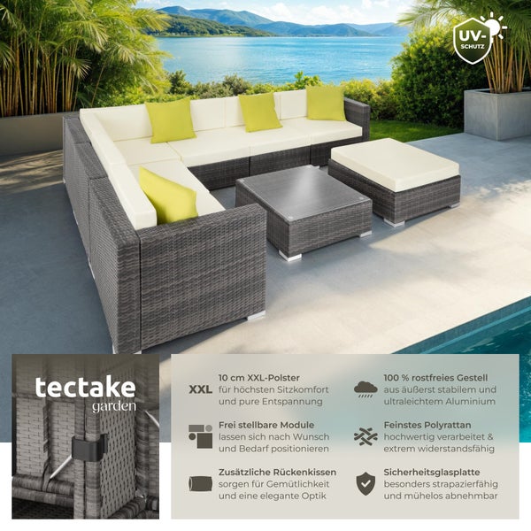 Rattan Lounge tectake Marbella mit Sicherheitsglasplatte mit Aluminiumgestell grau