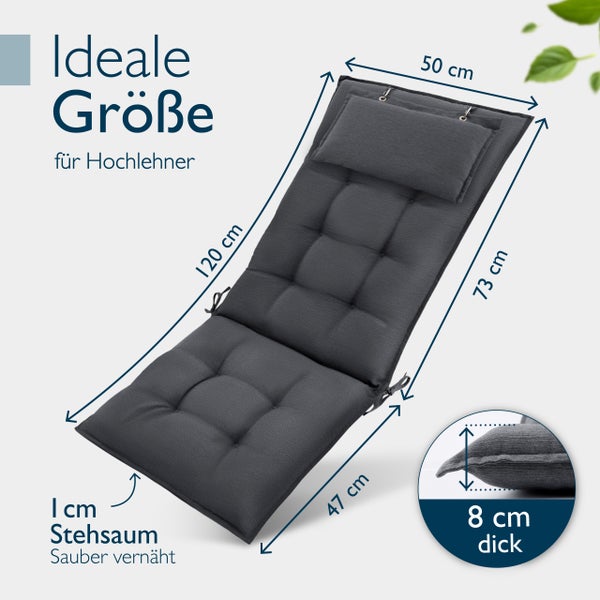 Gepolsterte Hochlehner Auflage mit den Maßen 120 x 50 x 73 x 47 cm und einer Dicke von 8 cm