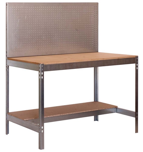 Werkbank mit Lochwand und Holzarbeitsplatte, Metallgestell mit unterem Ablageboden.