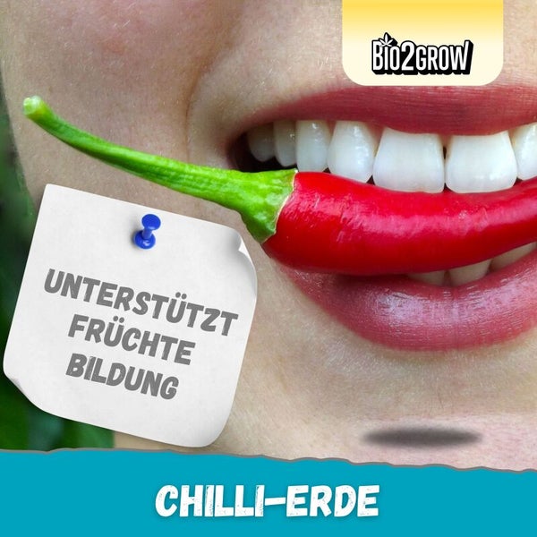 Chili-Erde unterstützt die Fruchtbildung mit Bio2Grow Logo.