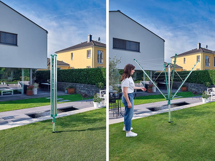 Leifheit Wäschespinne Linomatic V400 mit Leinenautomatik für saubere Leinen, 40m Leinenlänge für 4 Waschmaschinenladungen, mit Easy-Lift-System für leichtes Öffnen, inkl. Bodenhülse und Wäscheklammern