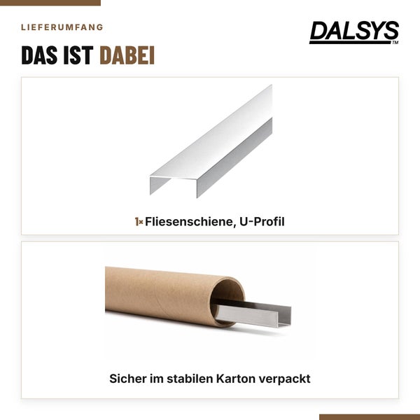 Dalsys Logo und Lieferumfang bestehend aus einer Fliesenschiene als U-Profil, sicher verpackt in einem stabilen Kartonrohr.