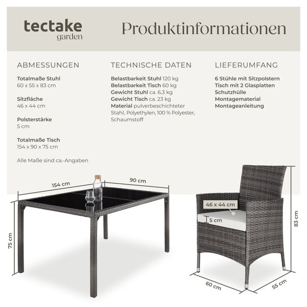 Rattan Sitzgruppe tectake Porto inklusive Schutzhülle für 6 Personen grau/weiß