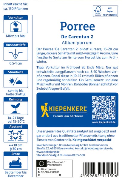 Saatgut für Porree De Carentan 2 mit Anbauanleitung und Kiepenkerl Logo sowie FSC Zertifizierung.