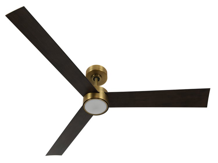 Deckenventilator mit Beleuchtung und drei Flügeln in dunkler Holzoptik sowie Gehäuse in Messingoptik