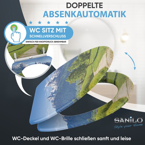 Toilettensitz mit Gebirgslandschaft, doppelter Absenkautomatik und per Knopfdruck abnehmbarem Schnellverschluss. SANILO Logo.