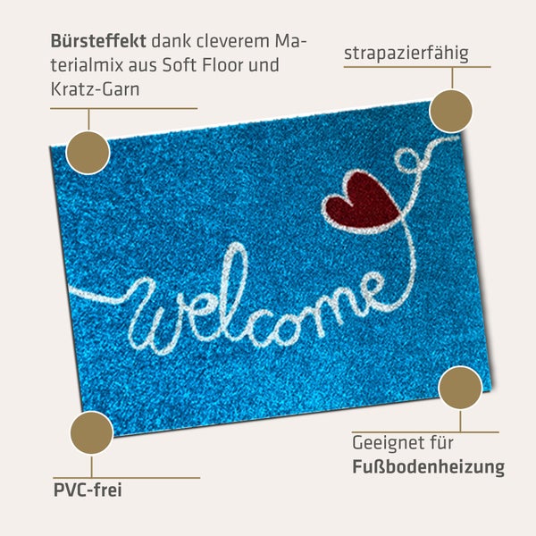 Akzente Listen Lovely Welcome - Turquoise 50 x 70 cm, Polyamid & TPE, rutschfest, trittschalldämmend, PVC-frei.