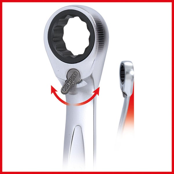 KS Tools Logo. Ringratschenschlüssel mit Umschalthebel.