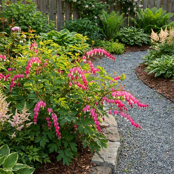 Tränendes Herz Pflanze in einem Garten mit Kiesweg, Steineinfassung und verschiedenen Stauden wie Farnen und Hostas.