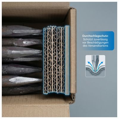 Durchschlagschutz aus Wellpappe im Versandkarton schützt vor Beschädigungen durch spitze Metallwerkzeuge.
