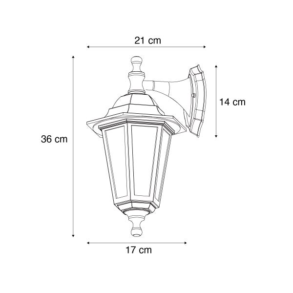Maßzeichnung einer klassischen Außenwandleuchte in Laternenform: Höhe 36 Zentimeter, Breite 21 Zentimeter, Laternenbreite 17 Zentimeter, Halterung 14 Zentimeter.