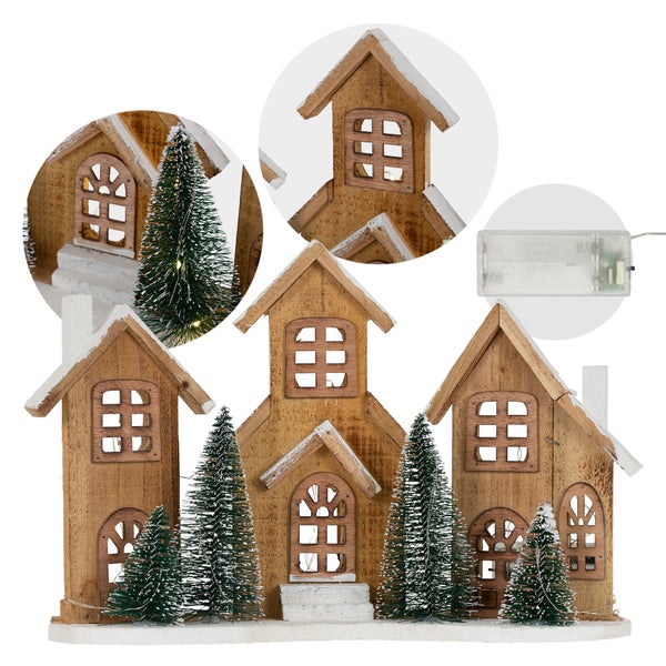 ECD Germany LED Holz Weihnachtsdorf, 38x12x27 cm, 20 LEDs warmweißes Licht, Weihnachtsdekoration, Winterdorf batteriebetrieben (2xAA), Weihnachtsstadt, Deko Häuser, Weihnachtsszene mit Beleuchtung