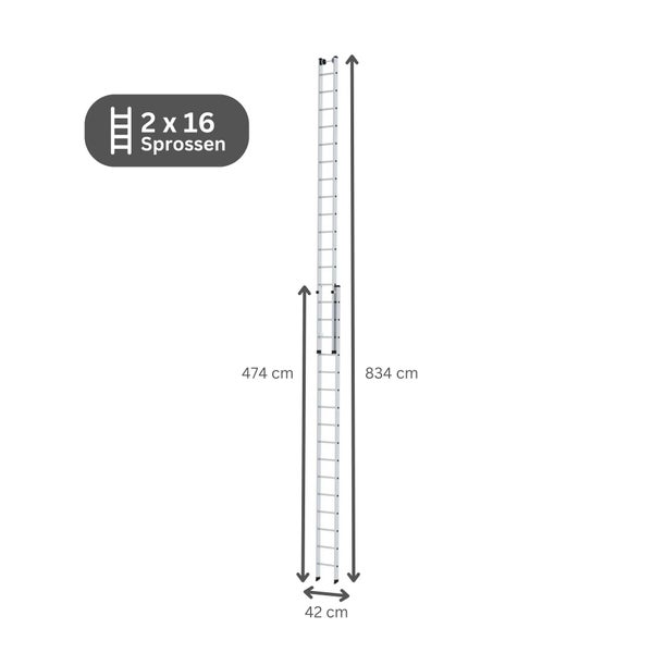 PROREGAL Sprossen-Schiebeleiter 2-Teilig Ohne Traverse 2 x 16 Sprossen