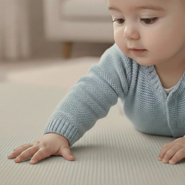 Baby krabbelt auf einer strukturierten Spielmatte in einem hellen Wohnbereich.