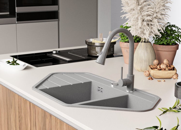 PRIMAGRAN Eckspüle Grau 90x50cm, Granitspüle 1,5 Becken + Ablauf-Set, Küchenspüle ab 80er Unterschrank - Kopenhagen Corner