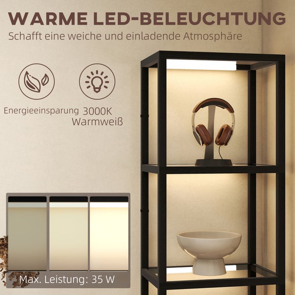 LED-Regalbeleuchtung in 3000 Kelvin Warmweiß, maximale Leistung 35 Watt, energieeffizient, beleuchtetes schwarzes Regal mit Dekoration.