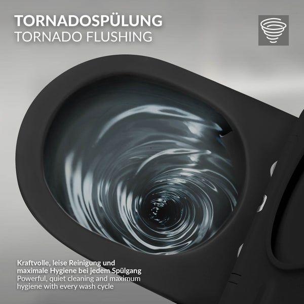 LuxeBath Wand WC Spülrandlos, Schwarz matt, Tiefspüler Keramik Hänge WC lang 53,5 cm, Toilette ohne Spülrand mit Nano Beschichtung, Tornadospülung, Kloschüssel Hängend mit WC-Sitz Absenkautomatik
