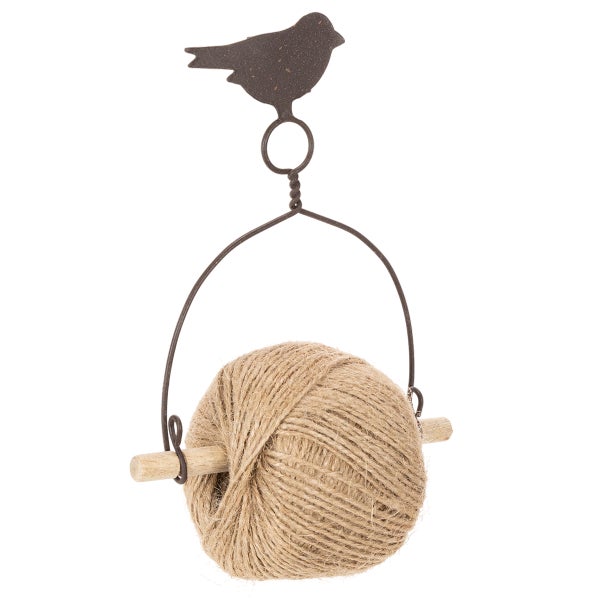 Schnurhalter aus braunem Metall mit Vogelfigur, Holzstab und einer Kugel Jutegarn.