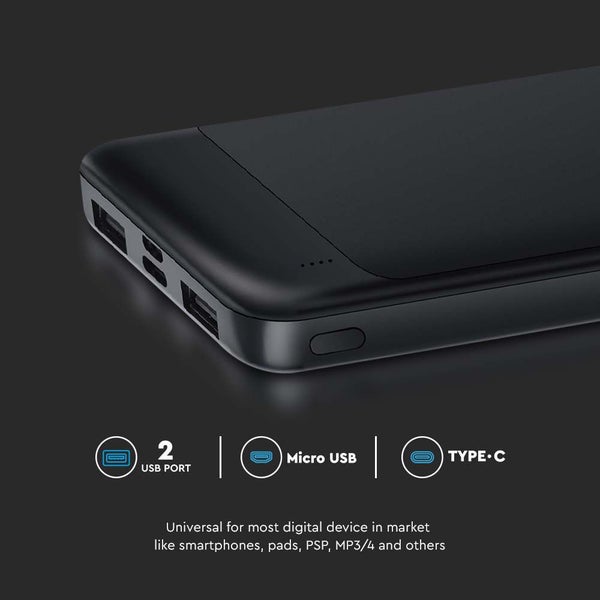 Powerbank mit zwei USB-Anschlüssen, Micro-USB und Typ-C Anschluss