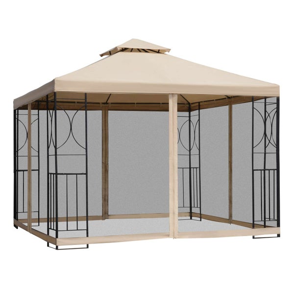 Outsunny Pavillon, mit 4 Ablagen, wetterfest, 2,98 x 2,98 m, Metall + Polyester, Beige