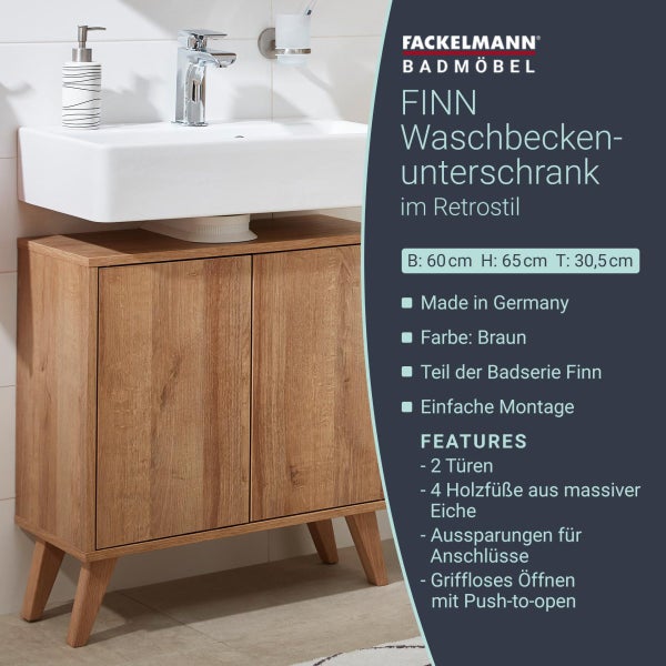 FACKELMANN FINN Badmöbel Set 2 Teile / Waschbeckenunterschrank mit Push-to-Open / 4 Holzfüße / Badschrank mit 2 Türen / Korpus & Front: Braun hell / Rahmendekor & Füße: Braun hell / Breite: 60 cm