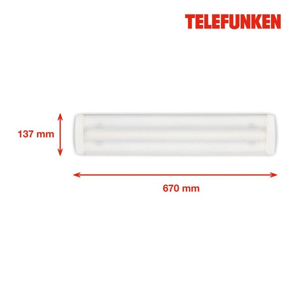 Telefunken Logo, rechteckige Wandleuchte und Deckenleuchte mit den Maßen 670 mm mal 137 mm.