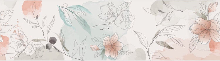 Blumentapetenbordüre mit botanischen Strichzeichnungen von Blumen und Blättern über weichen Aquarell-Akzenten.