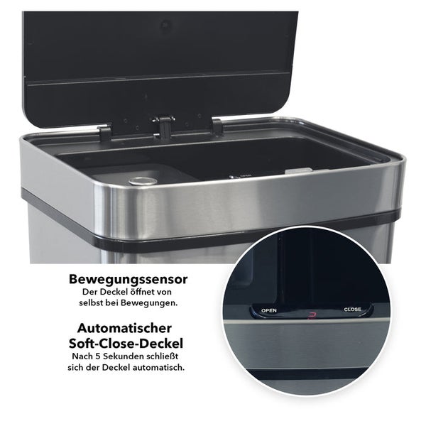 Abfalleimer mit Bewegungssensor und automatischem Soft-Close-Deckel.