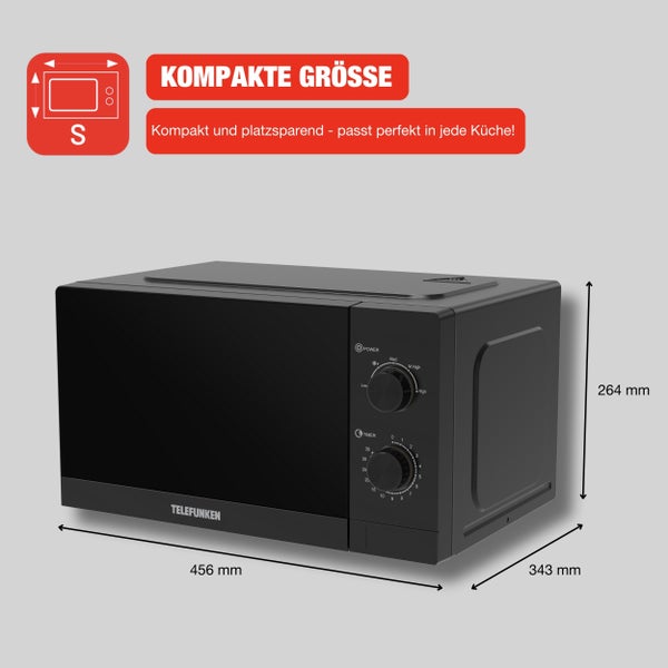 Telefunken Mikrowelle Solo Mikrowellengerät klein mit 20 L Garraum 700 W 5 Leistungsstufen schwarz B-MW-20-G-B