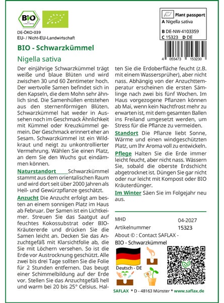 SAFLAX Garden to go - BIO - Schwarzkümmel - Nigella sativa - 300 Samen - Mit Topf, Klima - Deckel und Anzuchtsubstrat